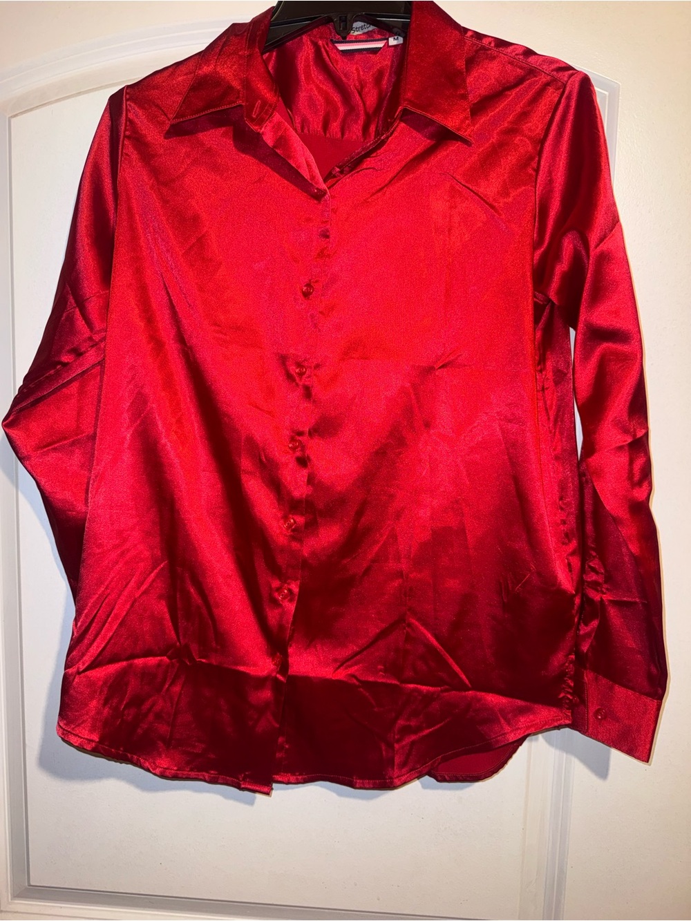Red Satin Button-Up Blouse